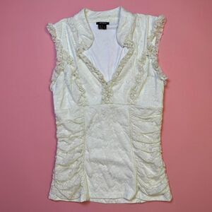 Y2K XOXO cream ruffle corset style ruched coquette floral lacy blouse🎀